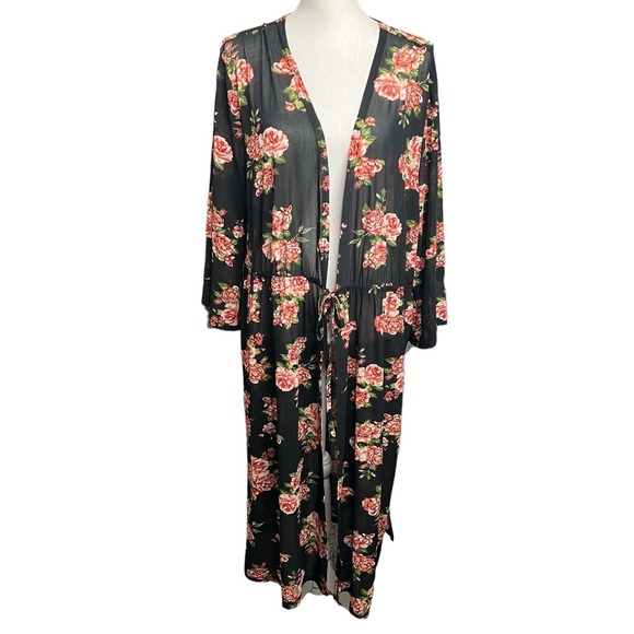 Floral Duster Kimono Sheer Lightweight Cover Up Black Red Roses Size 3X - Picture 1 of 9
